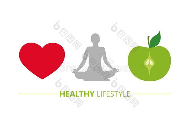 健康的生活方式观念心瑜伽和绿色的苹果