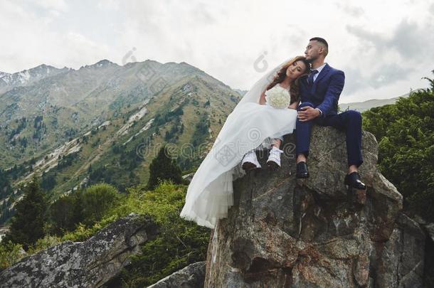 美丽的婚礼照片向山湖.幸福的亚洲人对采用
