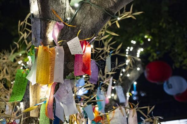日本人愿望树和祝愿书面的向坦扎库