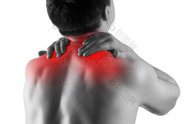 颈痛苦,男人受苦从背痛隔离的向白色的后座议员