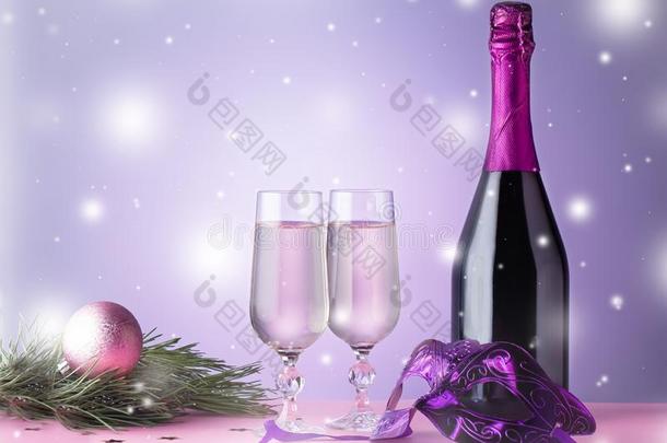 <strong>圣诞节</strong>卡片和香槟酒眼镜,瓶子,狂<strong>欢</strong>节面具,Switzerland瑞士