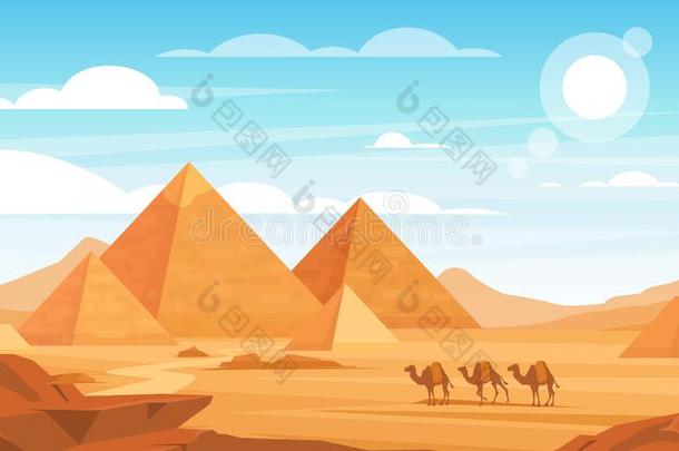 金字塔采用沙漠平的矢量说明.埃及的风景