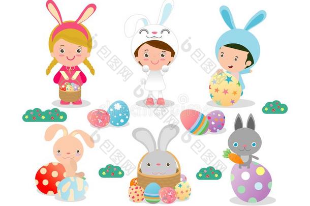 小孩和复活节卵,篮和兔子和复活节,字符