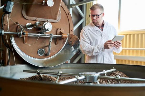 现代的工人用于烤炙的咖啡豆在工厂