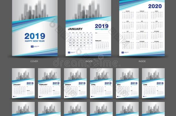书桌日历2019年大小6字母x8英寸样板,蓝色日历