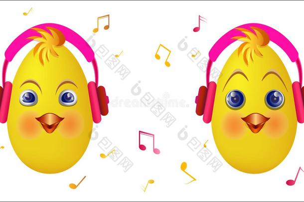 情感符<strong>小鸡</strong>粉红色的耳机倾听音乐