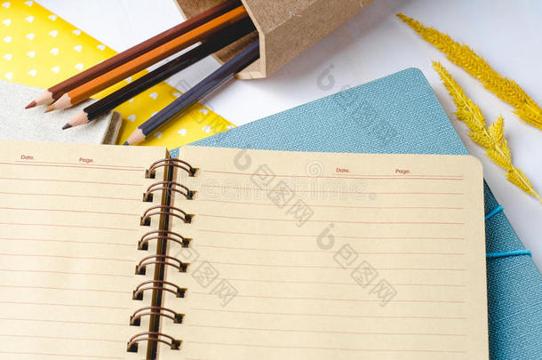 空白的<strong>每日</strong>的<strong>计划</strong>者笔记簿和颜色铅笔向白色的木制的