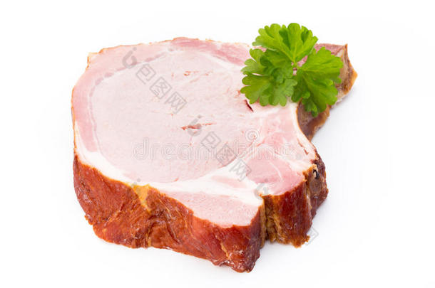 一件关于猪肉肉,隔离的向白色的背景.