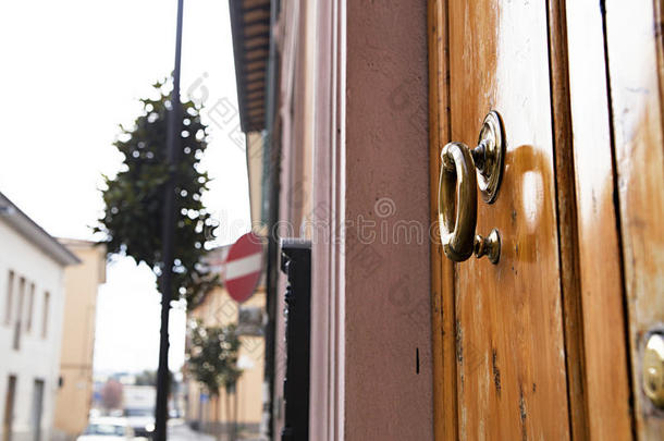 黄铜戒指门环向老的木制的门
