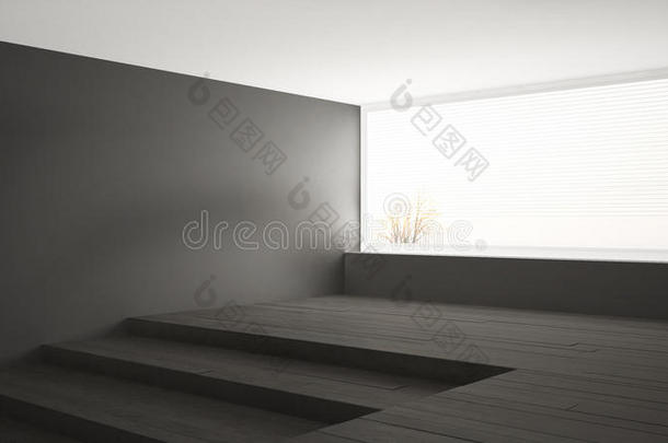 空的房间和大的全景的窗和<strong>楼梯</strong>,极简<strong>抽象</strong>艺术的灰色
