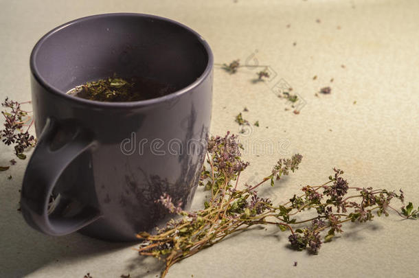 杯子关于茶水和芳香的百里香