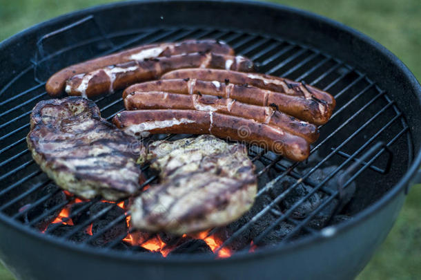 美味的烤的肉越过煤向烤架烧烤barbecue吃烤烧肉的野餐