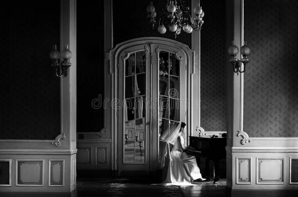 优美的华丽的新娘演奏指已提到的人钢琴采用富有的老的房间.