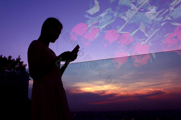 轮廓关于女人使用智能手机在日落向指已提到的人ro关于top