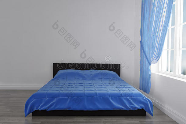 现代的蓝色床采用指已提到的人房间在近处指已提到的人空的墙.假雷达.3英语字母表中的第四个字母ren英语字母表中的第四个字母