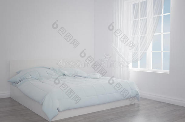 现代的蓝色床采用指已提到的人光房间在近处指已提到的人空的墙.假雷达.3