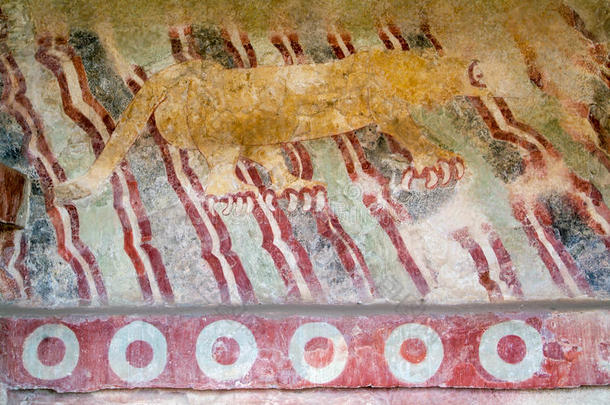 美洲狮壁画,或美洲虎壁画在特奥蒂瓦坎,墨西哥.