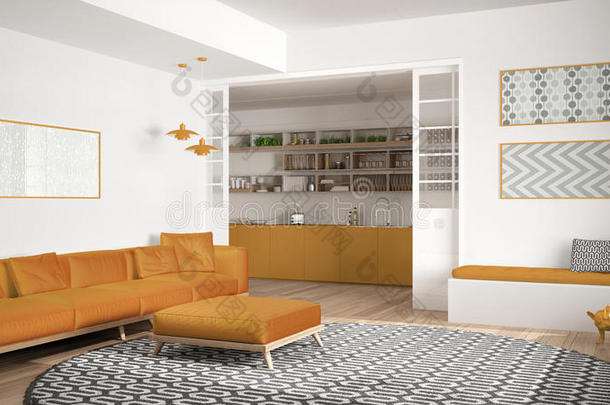 极简抽象艺术的活的房间和<strong>沙发</strong>,大的<strong>圆形</strong>的地毯和厨房我