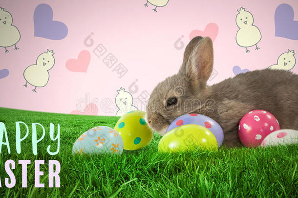 幸福的复活节文本和复活节兔子和卵采用前面关于手法灵巧