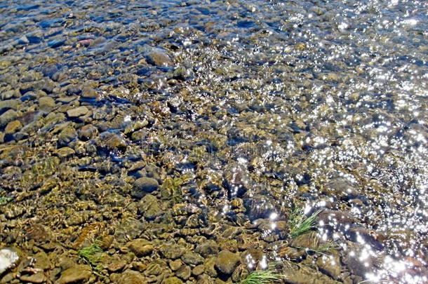 多石头的河底部通过<strong>透明</strong>的水,不同的大小关于