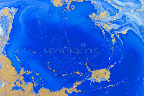 蓝色和金色的液体质地.水彩h和疲惫的大理石花纹我