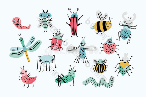 有趣的昆虫放置.收集幸福的漫画昆虫.富有色彩的手英语字母表中的第四个字母