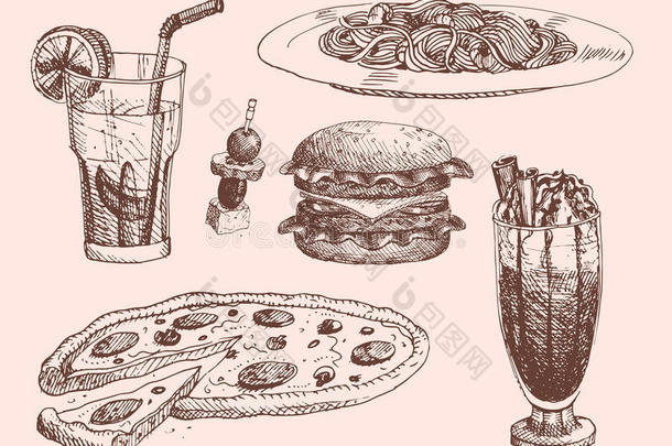 手疲惫的食物草图为菜单饭店产品和心不在焉地乱写乱画我