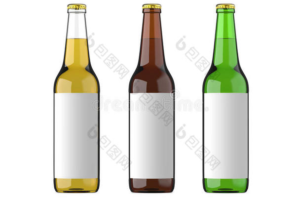 透明的玻璃瓶子,棕色的和绿色的瓶子和白色的label标签