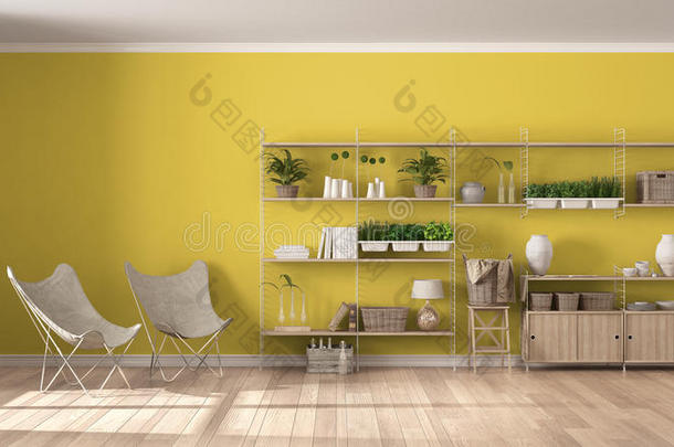 economy经济白色的和黄色的内部设计和木制的书架,DoItYourself自己动手做
