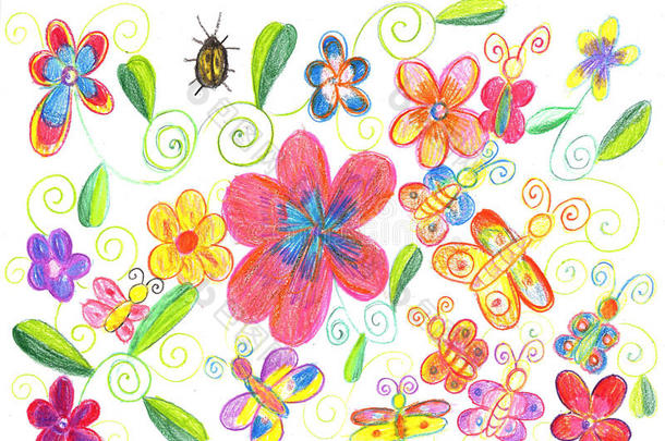 小孩`英文字母表的第19个字母绘画蝴蝶,瓢虫和flower英文字母表的第19个字母