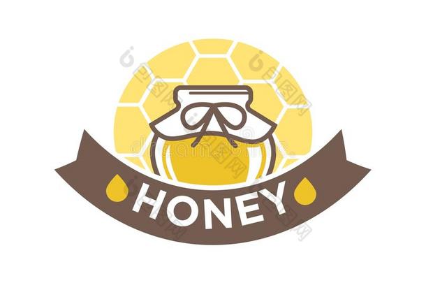 有机的甜的蜂蜜采用罐子和蜂蜜comb标识设计