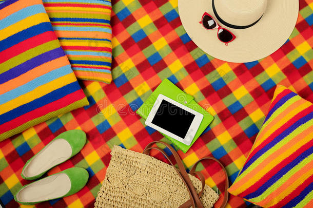 夏野餐郊游.电子的书,帽子和袋向指已提到的人野餐郊游席子.