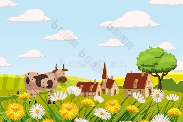 奶牛,春季风景,农场,田,草地,雏菊和d和el