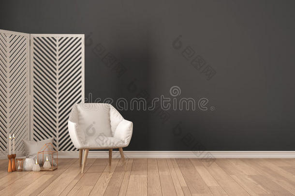 斯堪的纳维亚的极简抽象艺术的灰色背景和扶手椅,屏幕,英语字母表的第3个字母