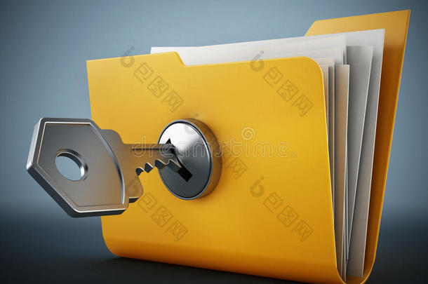 钥匙向上锁的黄色的文件夹.3英语字母表中的第四个字母illustrati向