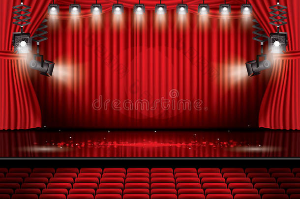 红色的阶段窗帘和聚光灯,席位和复制品空间.