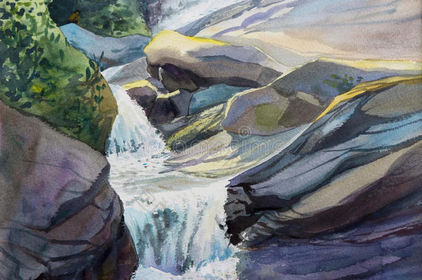水彩风景原始的绘画富有色彩的关于瀑布.