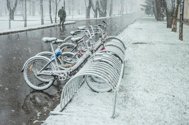 自行车平滑地大量的和新鲜的雪后的天气现象