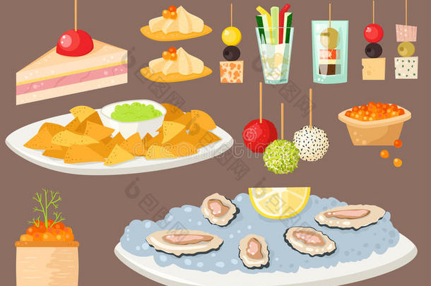 各种各样的肉夹鱼子或小鱼的烤面包小吃开胃品鱼和奶酪宴会systemsnetworkarchitecture系统网络结构