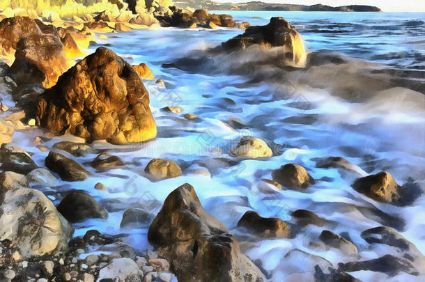 富有色彩的绘画关于亚得里亚海的海海岸<strong>在</strong>日落