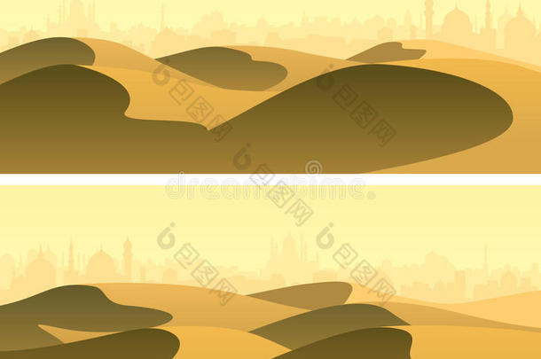水平的宽的横幅沙的沙漠和城市向horiz向.