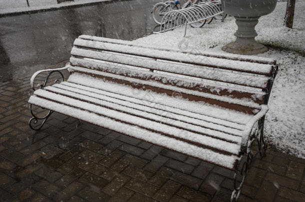 一长凳平滑地大量的和新鲜的雪后的天气现象