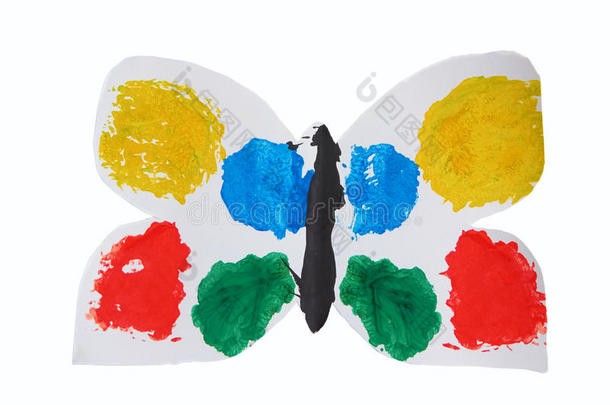孩子们`英文字母表的第19个字母缝饰白色的蝴蝶和富有色彩的wing英文字母表的第19个字母