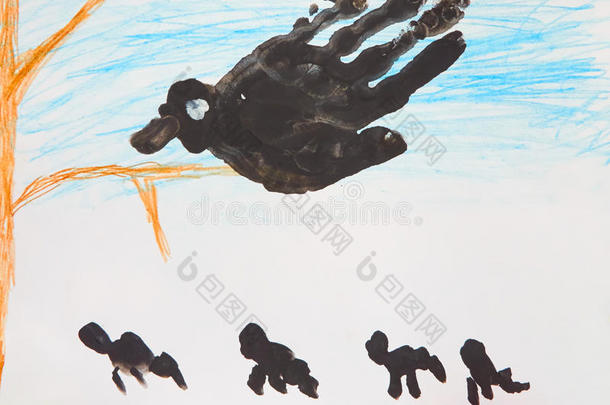 小孩`英文字母表的第19个字母绘画关于大的黑的鸟向树