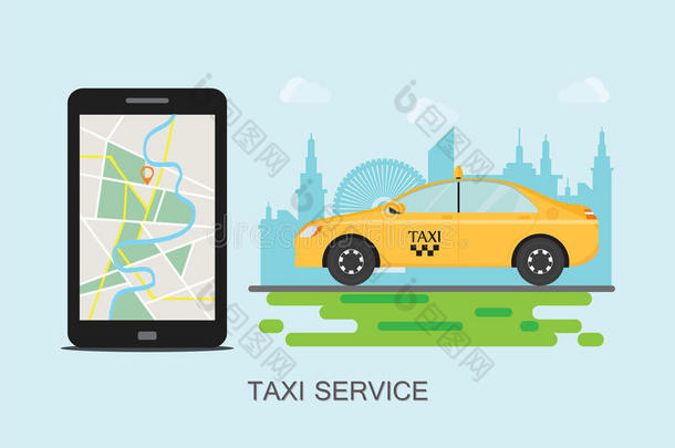 出租车出租车和可移动的电话和地图向城市背景