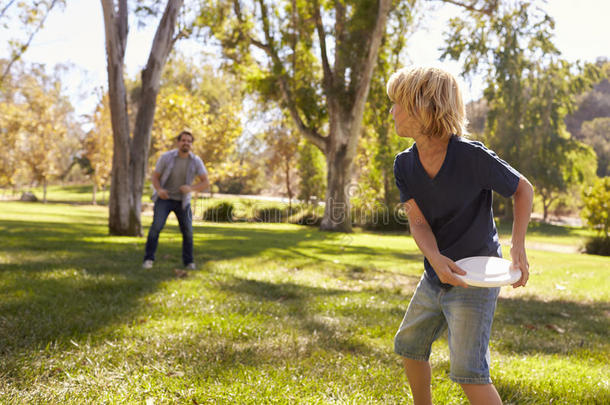父亲和儿子投掷运动飞盘采用公园同时
