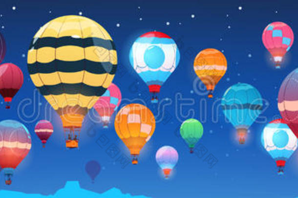 富有色彩的天空气球飞行的采用夜天横幅
