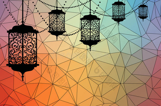 阿拉伯的传统的灯笼和garl和向富有色彩的背景