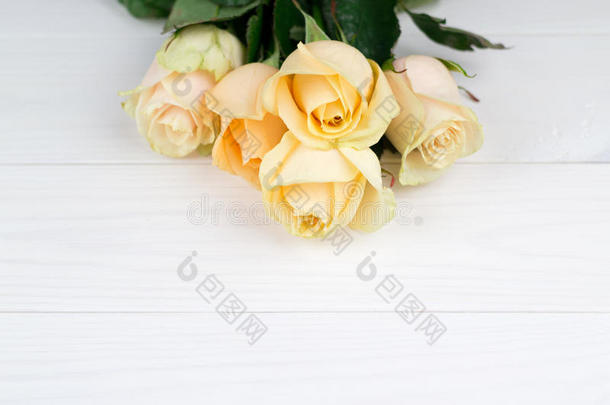 花束关于米黄色玫瑰向白色的木制的酿酒的背景,平的