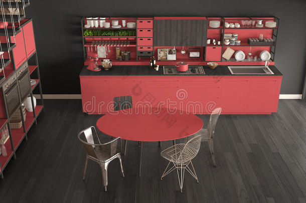 极简抽象艺术的<strong>红色</strong>的和灰色木制的厨房,阁楼和楼梯,<strong>分类</strong>